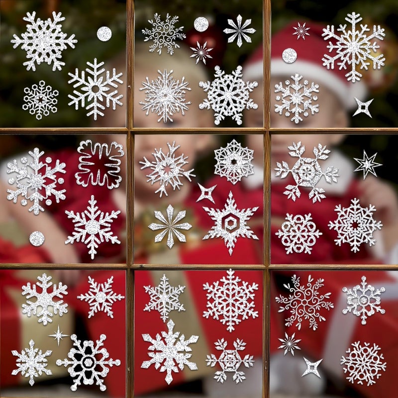 MAGLOGY Glitter Snowflake Window Clings 93Pcs, Christmas Silver Snowflake Window Clings, Xmas Glass Glitter Stickers Decals, Snowflakes, Winter Holiday Windows Decor for Festive Spirit Home Party - Image 2